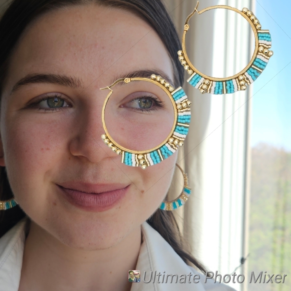 Beaded Hoop Earrings Blue & White Miyuki Rice Beads